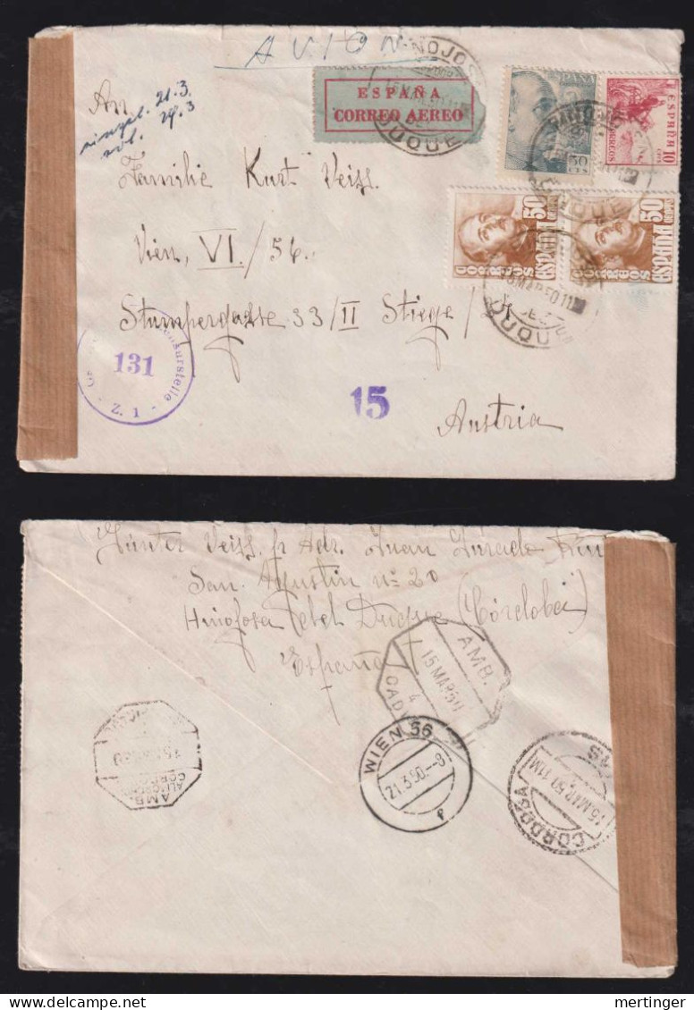 Spain 1950 Censor Airmail Cover HINOJOSA X VIENNA Austria Ambulante Postmark - Brieven En Documenten