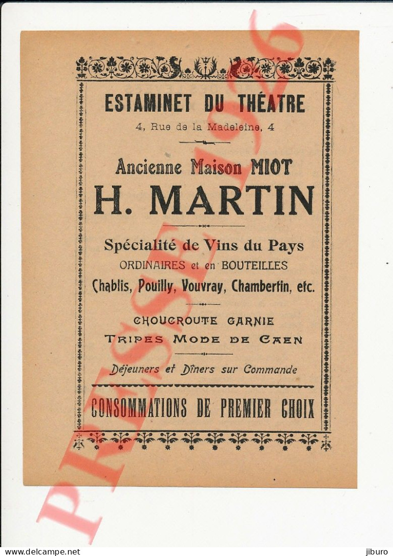 Publicité 1926 H. Martin (ancienne Maison Miot) Estaminet Du Théatre 4 Rue De La Madeleine Troyes 250/42 - Non Classés