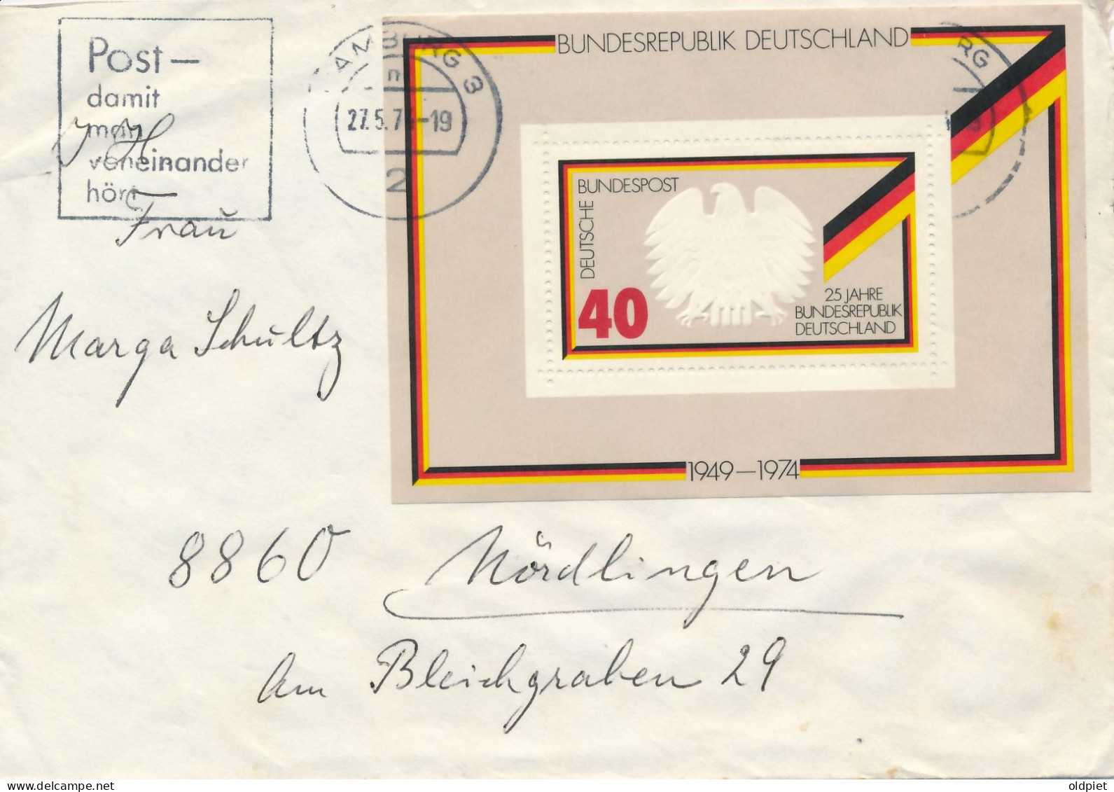 GERMANY Bundesrepublik BRD 1974 Used Gestempelt Bamberg Mi Block 10 Auf Briefumschlag 25 Bundesrepublik Bundesadler - Oblitérés