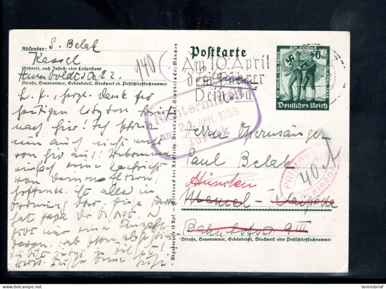 Memel , 1938  ( 16.4. )sur Entier 6 Pfg. Rouge " PRIMOK -KLAIPEDA  "  Et Cachet Retour  ,   #1739 - Covers & Documents