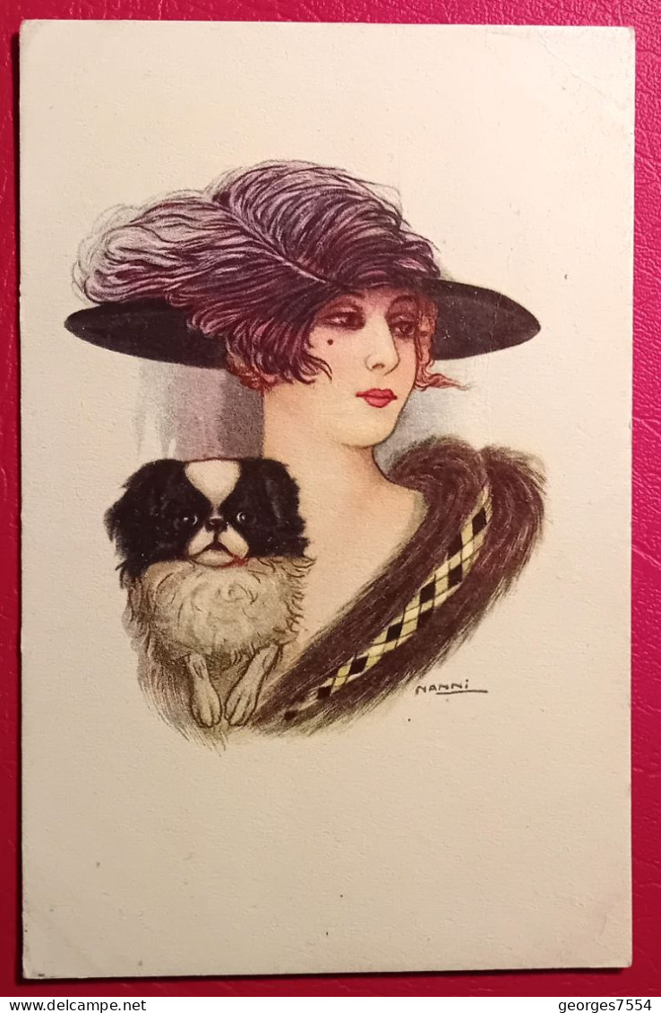 ILLUSTRATEUR " NANNI " PORTRAIT DE JEUNE FEMME AVEC CHAPEAU ET PETIT CHIEN - Nanni