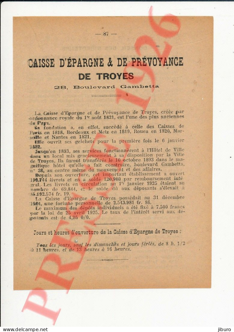 Publicité 1926 Caisse D'Epargne De Troyes + Ervy Estissac Chavanges 10 Piney Auxon Ecuilly Payns Cléret Jeugny Merget - Non Classés