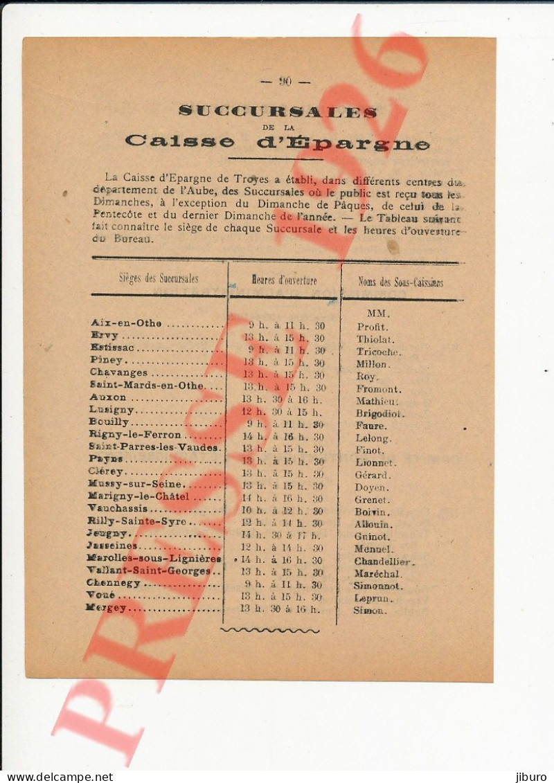 Publicité 1926 Caisse D'Epargne De Troyes + Ervy Estissac Chavanges 10 Piney Auxon Ecuilly Payns Cléret Jeugny Merget - Non Classés