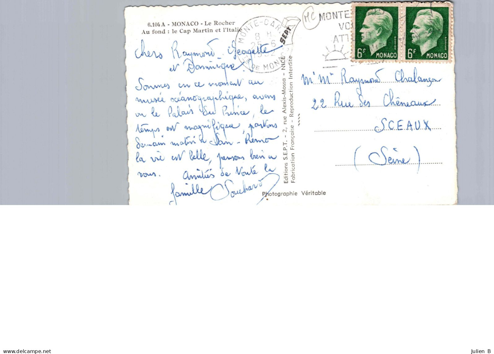 Monaco, Le Rocher, Le Cap Martin Et L'Italie, 25 Juin 1952, Timbres Monaco 6f - Multi-vues, Vues Panoramiques