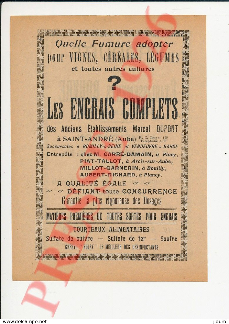 Publicité 1926 Produits Etablissement Rouvre Troyes + Engrais Anciens Ets Marcel Dupont à Saint-André 10 Aube 250/42 - Zonder Classificatie