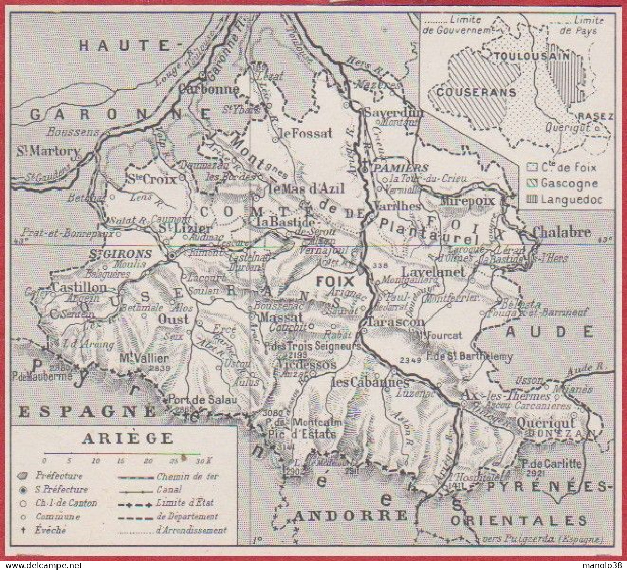 Carte Du Département De L'Ariège (09). Préfecture...ch Lieu De Canton., Commune, évêché, Ch De Fer ... Larousse 1948. - Historische Dokumente