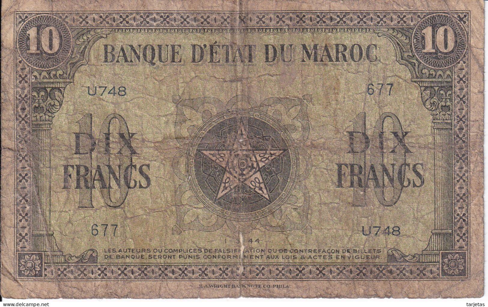 BILLETE DE MARRUECOS DE 10 FRANCS DEL AÑO 1944 (BANKNOTE) - Marokko