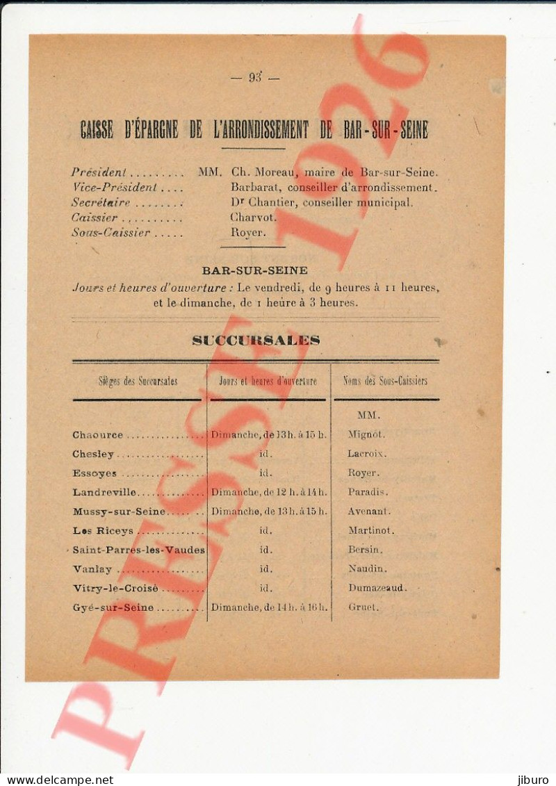 Doc 1926 Caisse D'Epargne Bar-sur-Seine Barbarat Charvot Nogent-Seine Chaource Chesley 10 Vanlay Les Riceys Traînel - Ohne Zuordnung