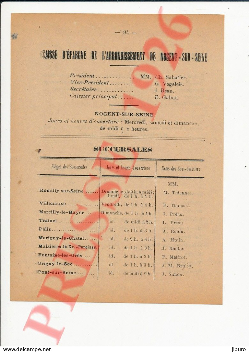Doc 1926 Caisse D'Epargne Bar-sur-Seine Barbarat Charvot Nogent-Seine Chaource Chesley 10 Vanlay Les Riceys Traînel - Zonder Classificatie