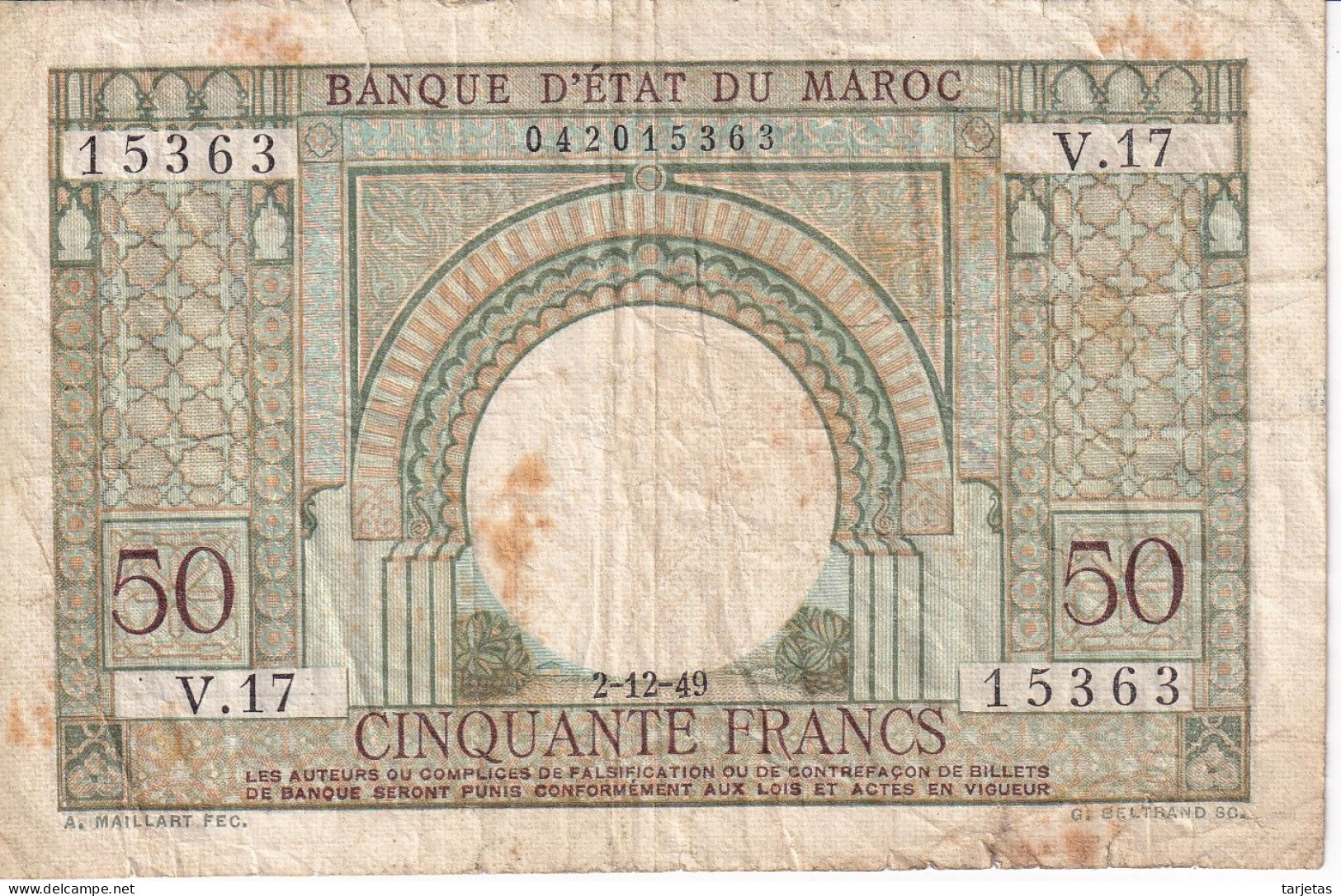 BILLETE DE MARRUECOS DE 50 FRANCS DEL AÑO 1949 (BANKNOTE) - Marruecos