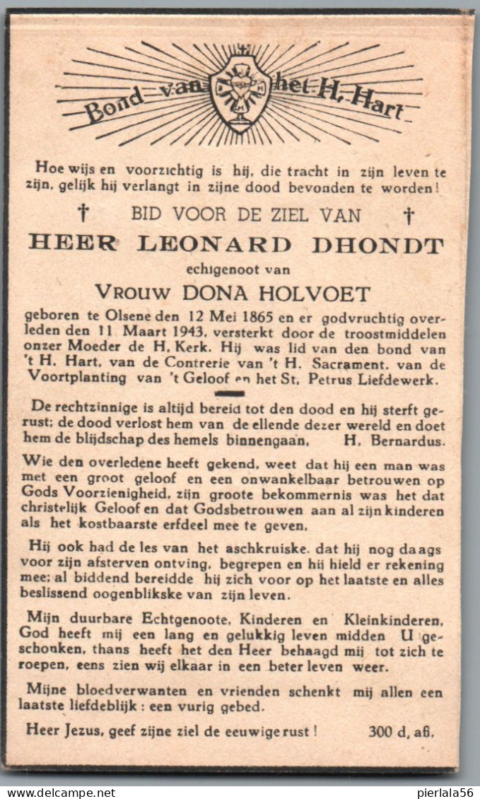 Bidprentje Olsene - Dhondt Leonard (1865-1943) - Imágenes Religiosas