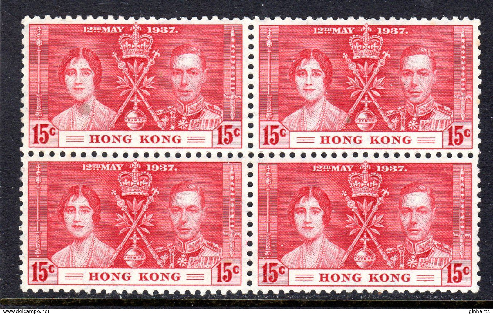 HONG KONG - 1937 CORONATION 15c STAMP IN BLOCK OF 4 MOUNTED/UNMOUNTED  MINT MM.MNH */** SG 138 X 4 (2 SCANS) - Ungebraucht