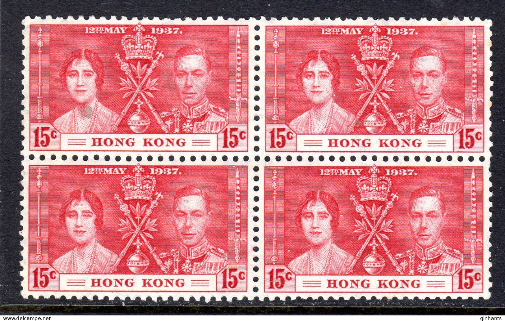 HONG KONG - 1937 CORONATION 15c STAMP IN BLOCK OF 4 MOUNTED/UNMOUNTED  MINT MM.MNH */** SG 138 X 4 (2 SCANS) - Unused Stamps