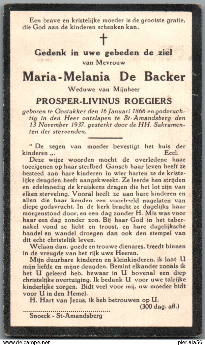 Bidprentje Oostakker - De Backer Maria Melania (1866-1937) - Imágenes Religiosas