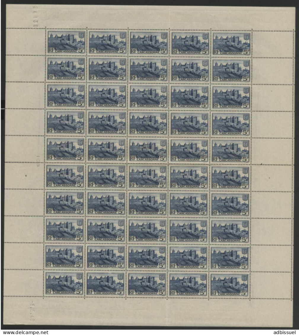 N° 392 5 Fr CARCASSONNE Feuille Complète De 50 Ex Neufs ** MNH Cote 75 € + Coin Daté 9/5/40 Vendu à 12 % De La Cote - Full Sheets