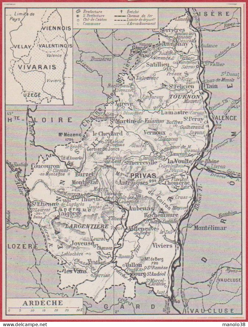 Carte Du Département De L'Ardèche (07). Préfecture, Sous Préfecture, Chef Lieu. Chemin De Fer ... Larousse 1948. - Historische Dokumente