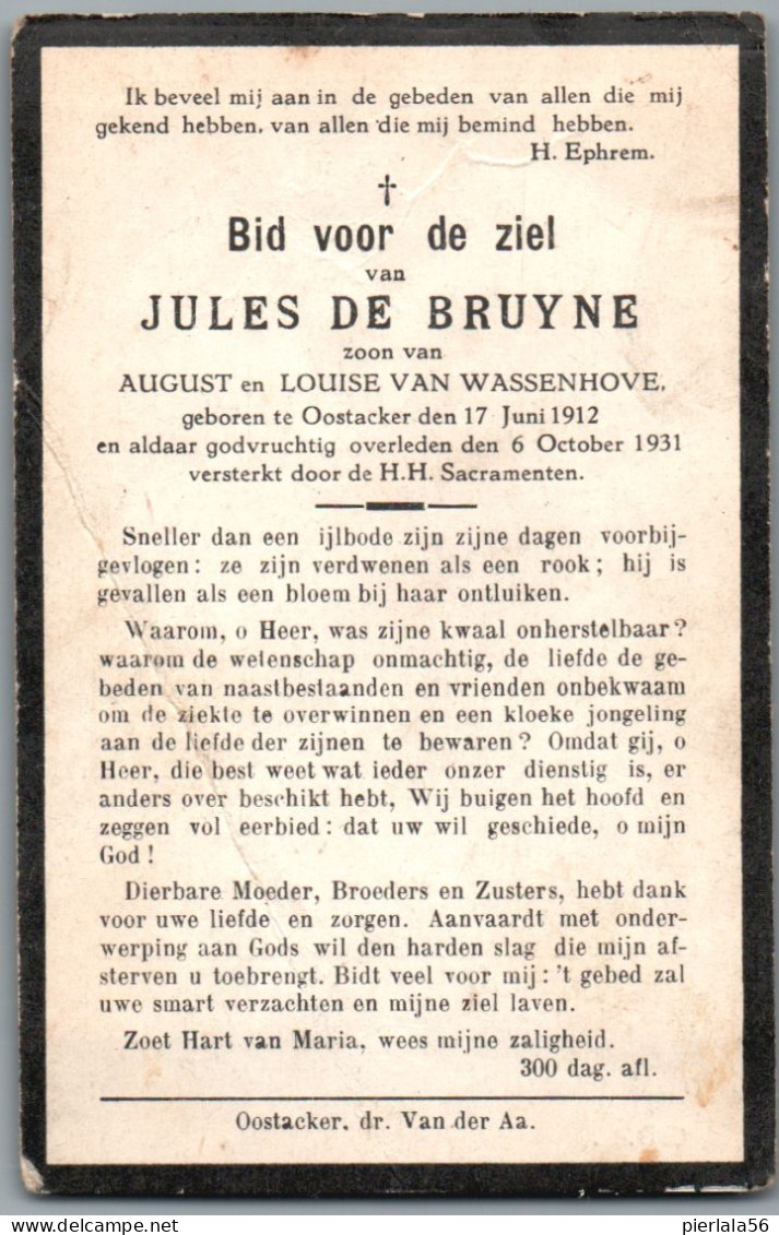 Bidprentje Oostakker - De Bruyne Jules (1912-1931) Plooi - Imágenes Religiosas