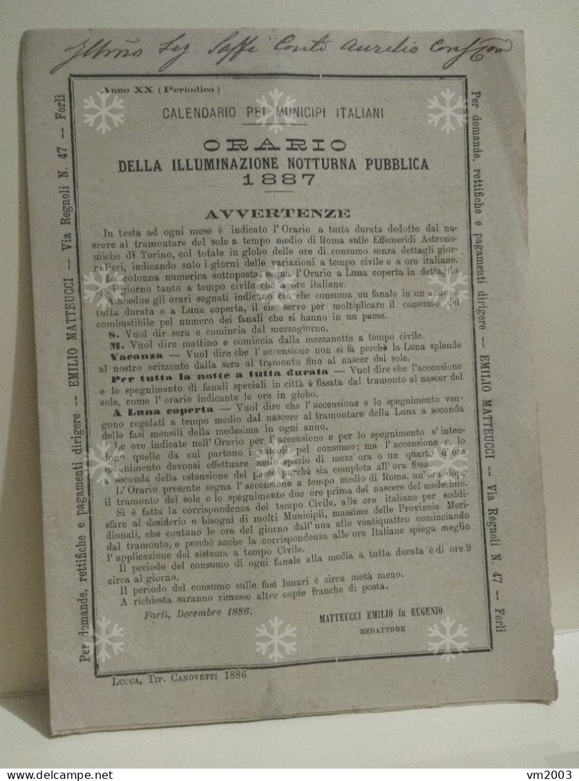 Italy Time Of Public Night Lighting In Cities Italia ORARIO DELLA ILLUMINAZIONE NOTTURA PUBBLICA 1887 - Europe