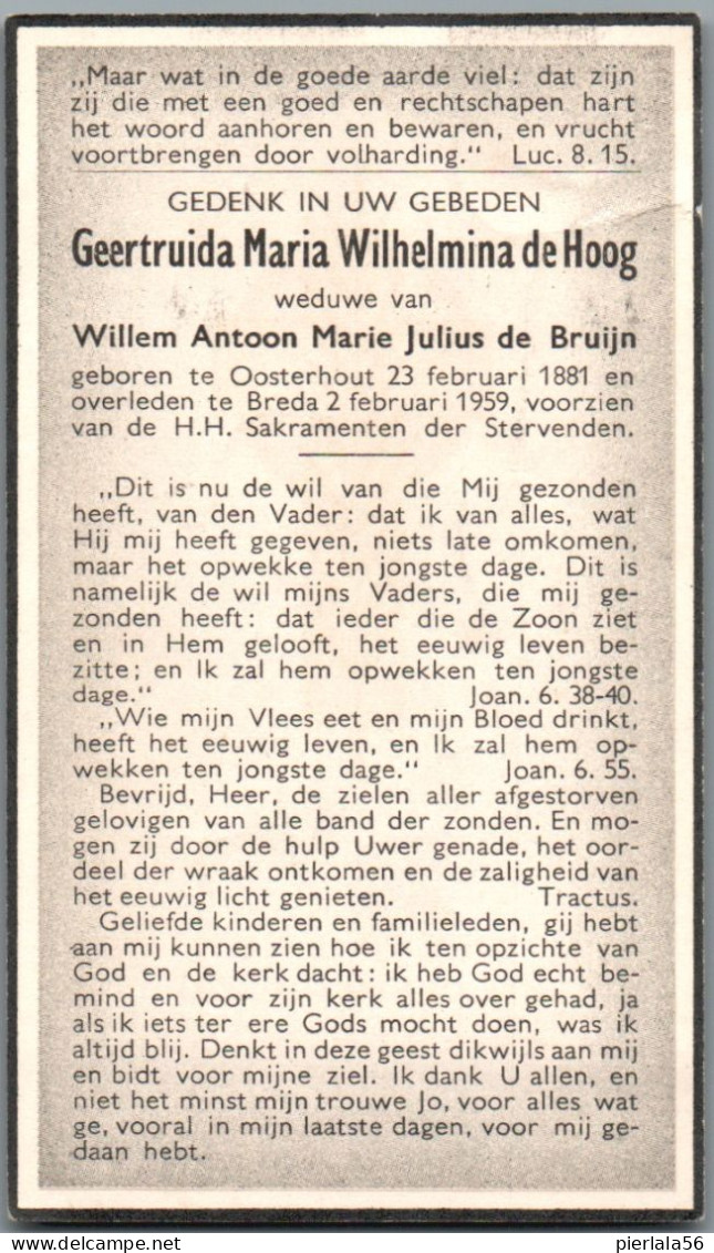 Bidprentje Oosterhout (NL) - De Hoog Geertruida Maria Wilhelmina (1881-1959) - Santini