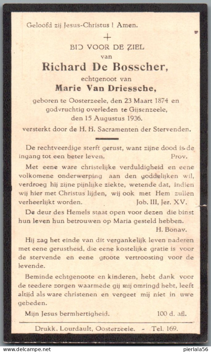 Bidprentje Oosterzele - De Bosscher Richard (1874-1936) - Imágenes Religiosas