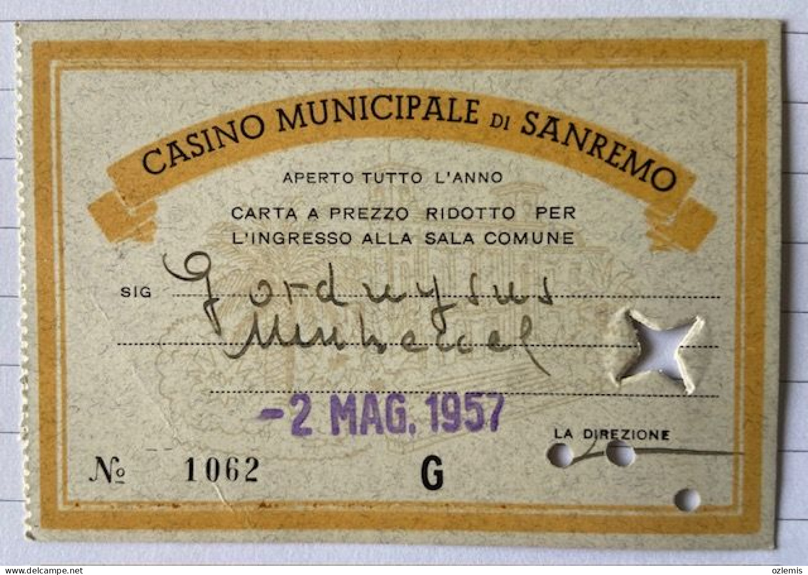 CASINO, MUNICIPALE DI ,SANREMO ,1957 - Historische Dokumente