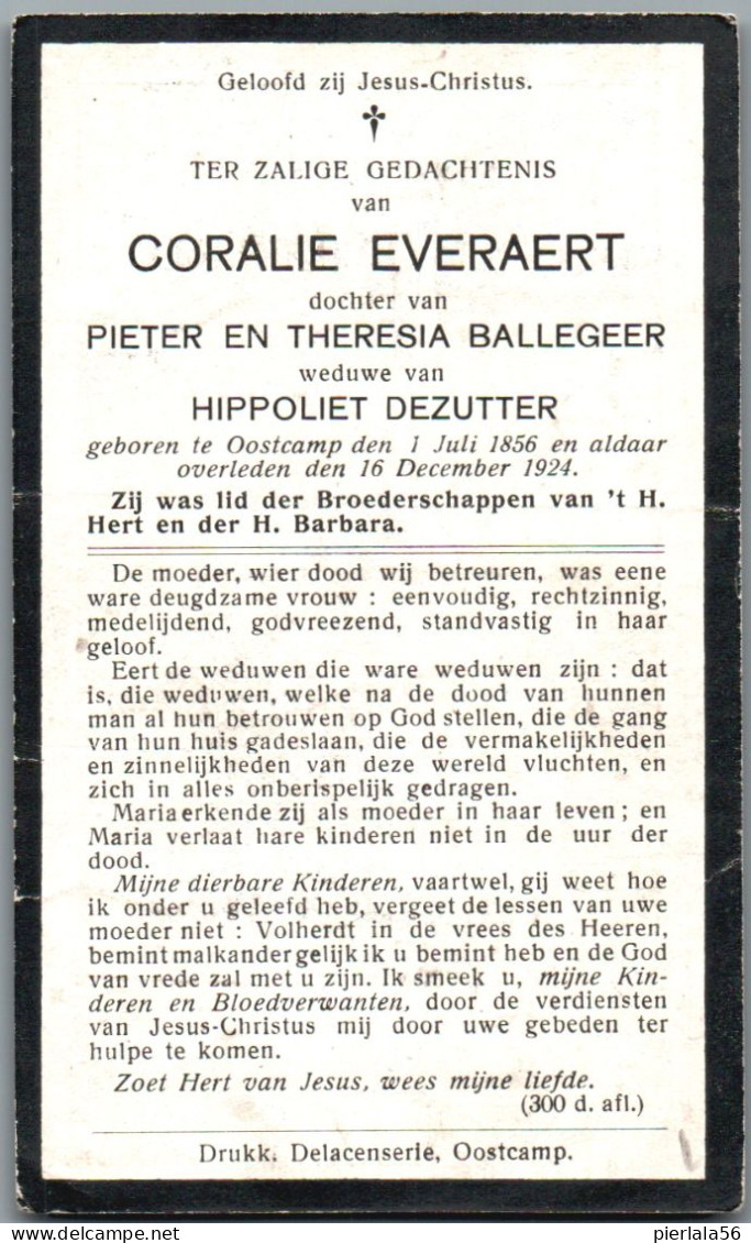 Bidprentje Oostkamp - Everaert Coralie (1856-1924) - Santini