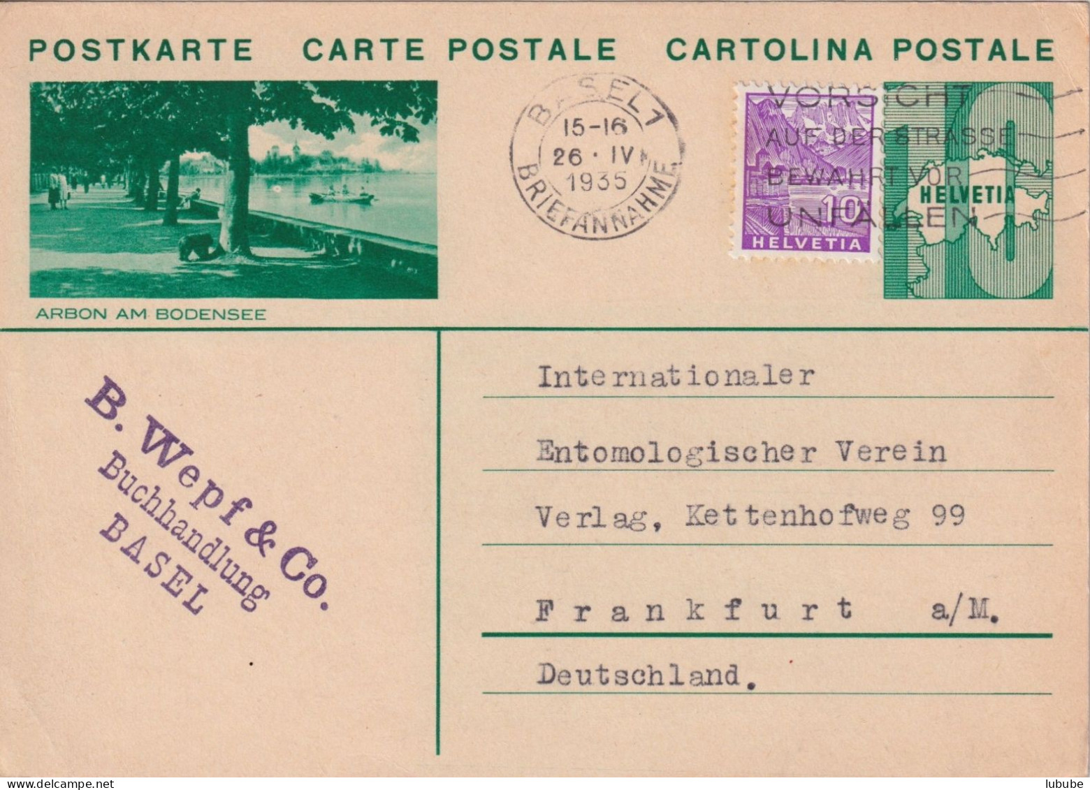 PK 133  "Arbon Am Bodensee"  Basel - Frankfurt  (ABART)        1935 - Stamped Stationery