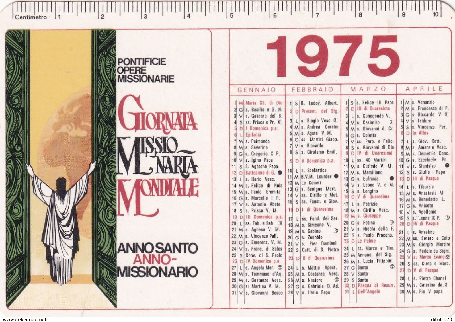 Calendarietto - Anno Santo - Missionario - Roma - Anno 1975 - Petit Format : 1971-80