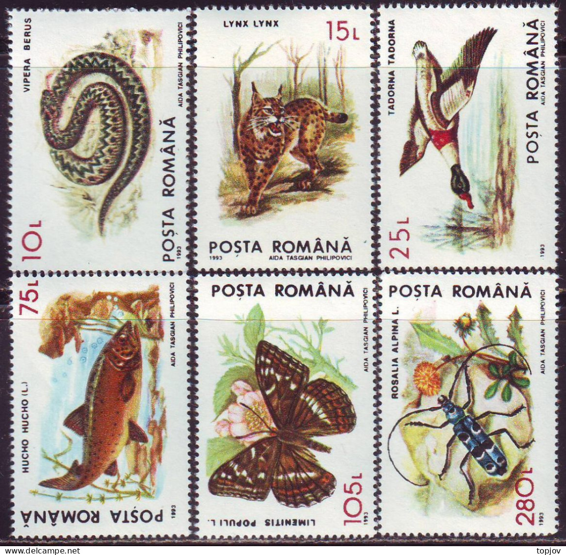 ROMANIA - PROTECT ANIMALS - BUTTERFLIES  DUCK  FISH  LYNX. - **MNH - 1993 - Snakes