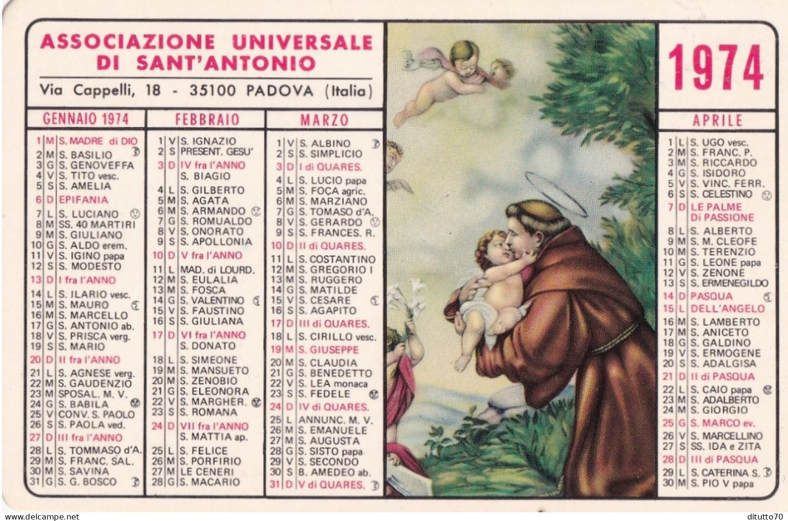 Calendarietto - Associazione Universale Di Sant'antonio - Padova - Anno 1974 - Kleinformat : 1971-80