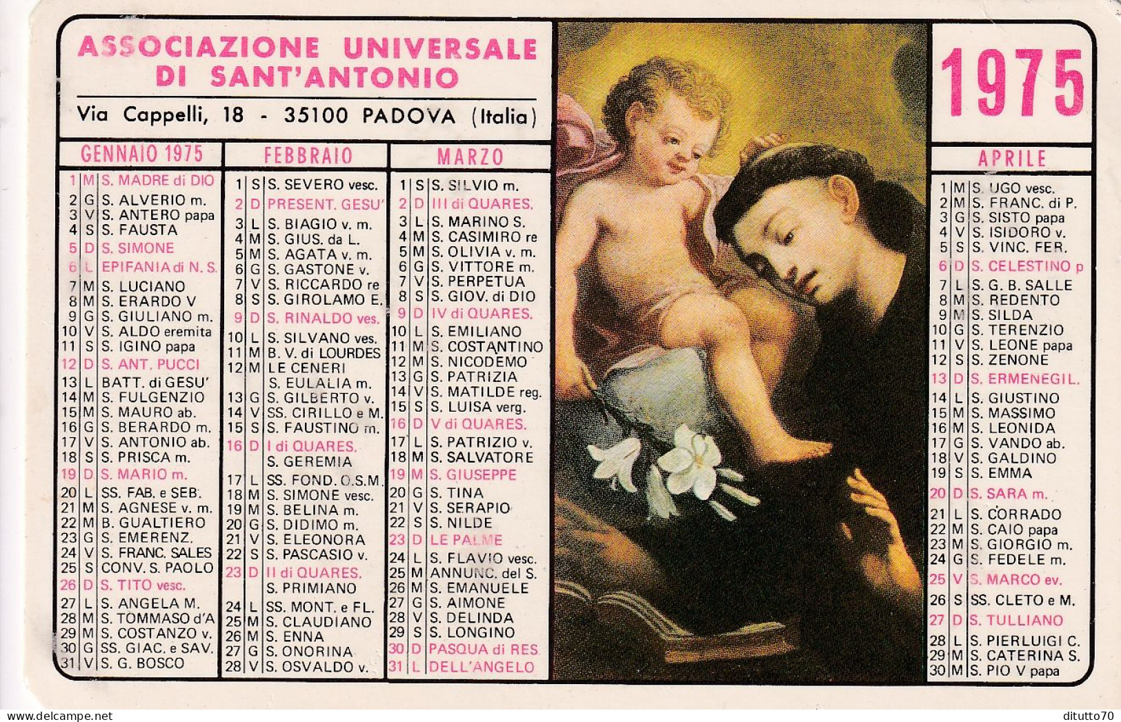 Calendarietto - Associazione Universale Di Sant'antonio - Padova - Anno 1975 - Petit Format : 1971-80