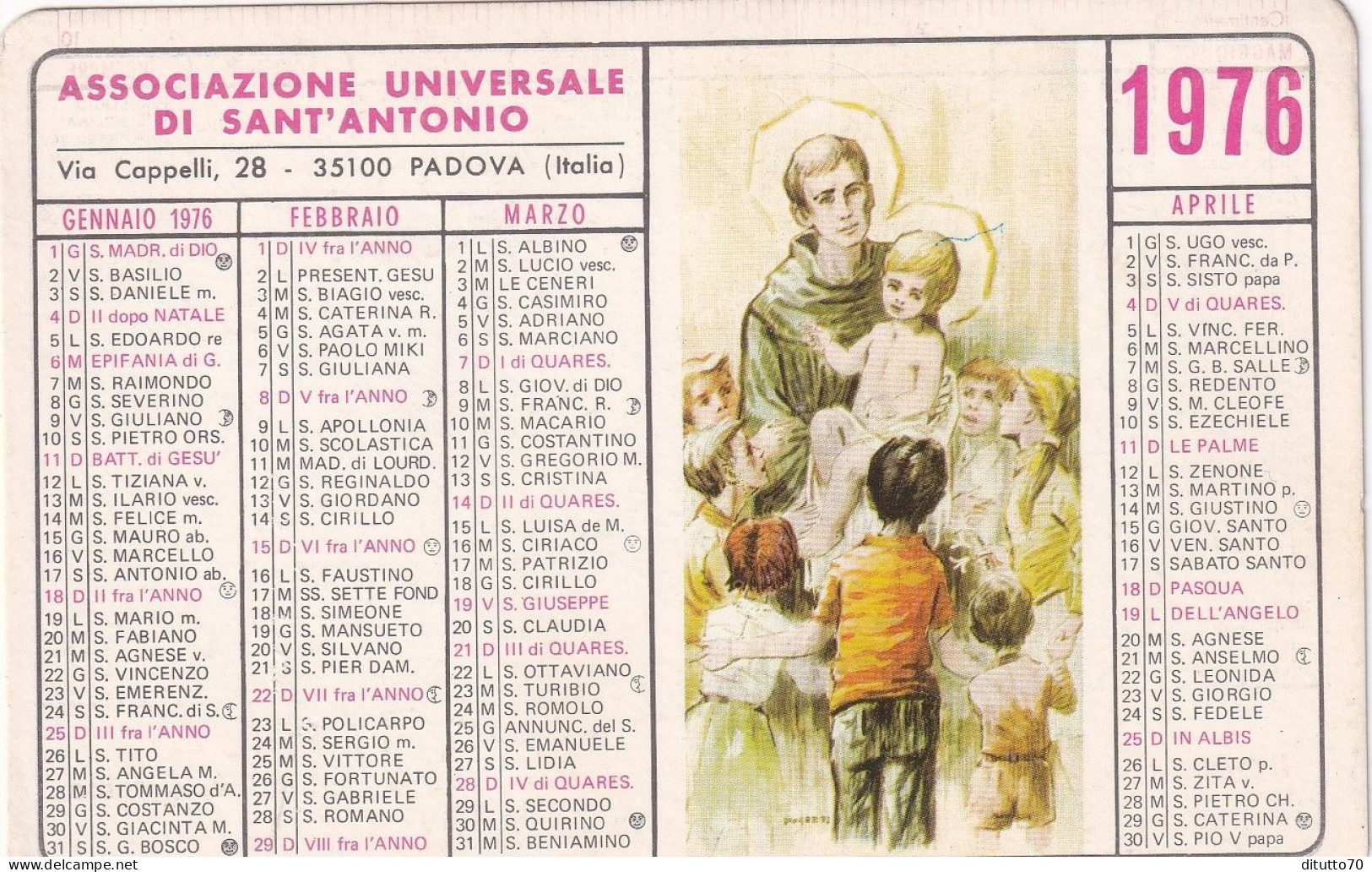 Calendarietto - Associazione Universale Di Sant'antonio - Padova - Anno 1976 - Petit Format : 1971-80