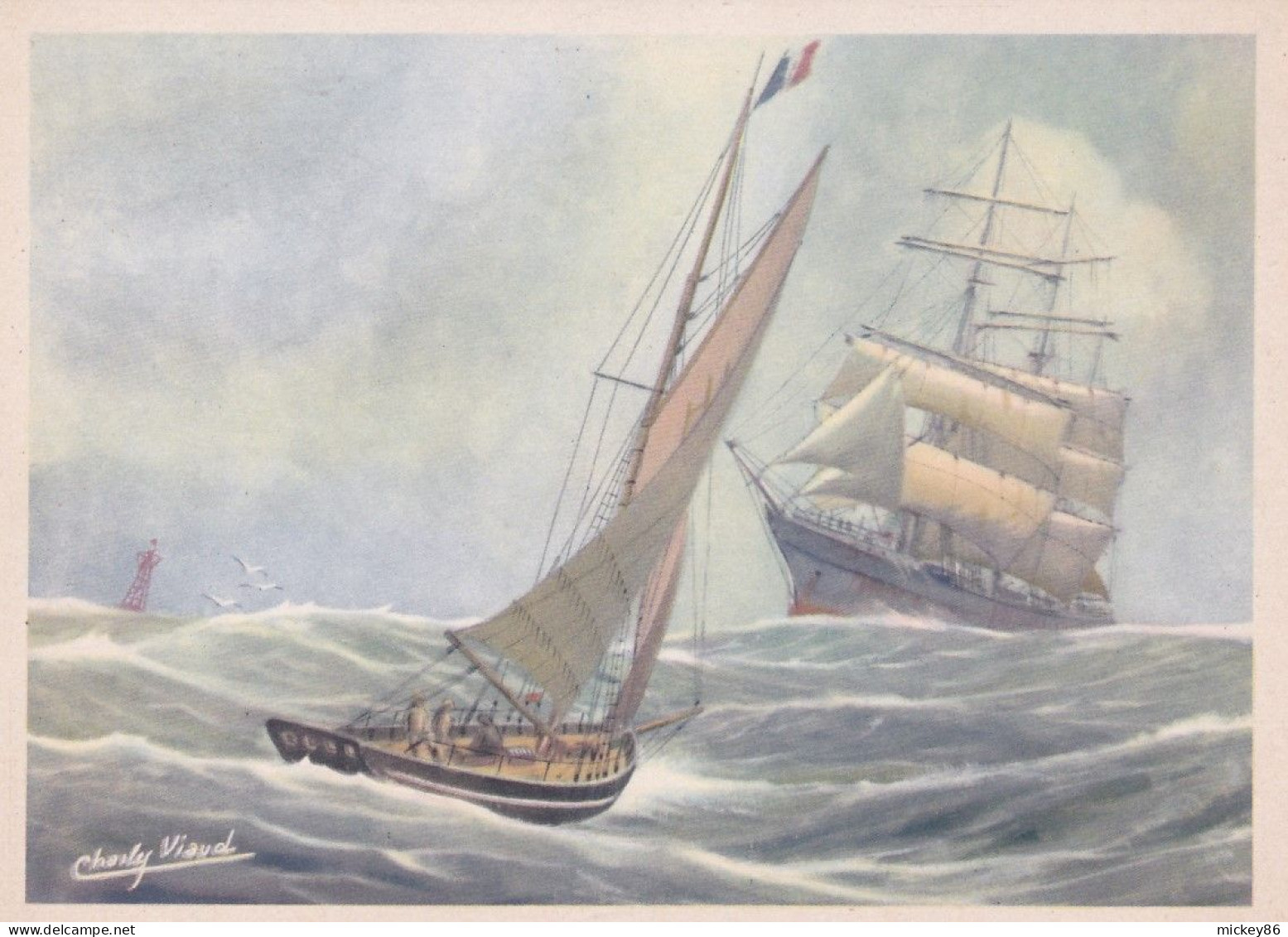 Bateau -- Illustrateur " Charly VIAUD "--  Voilier -- Bateau-pilote Allant Offrir Ses Services...large Des Côtes - Segelboote