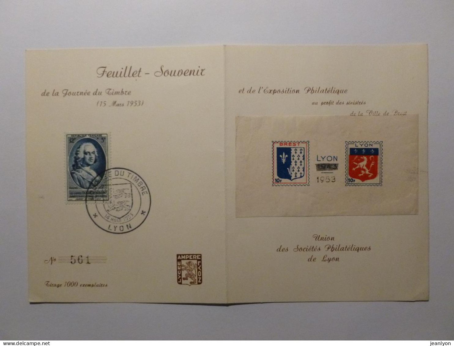 EXPOSITION PHILATELIQUE - JOURNEE TIMBRE 1953 - Bloc Commémo Sinistrés BREST LYON - Lycée AMPERE Lyon - Feuillet - Briefmarkenausstellungen