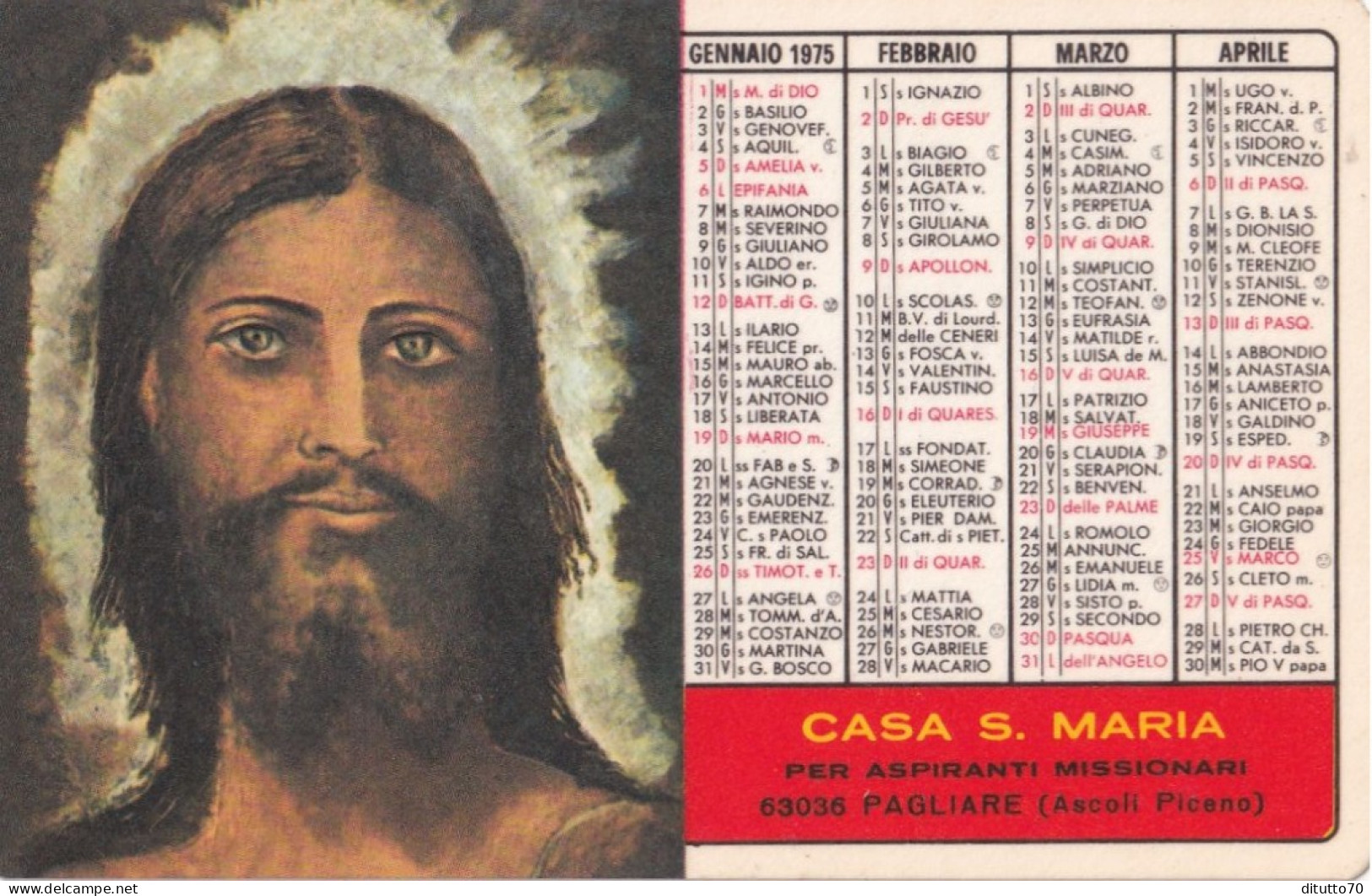 Calendarietto - Casa S.maria - Per Aspiranti Missionari - Pagliare - Ascoli Piceno - Anno 1975 - Tamaño Pequeño : 1971-80