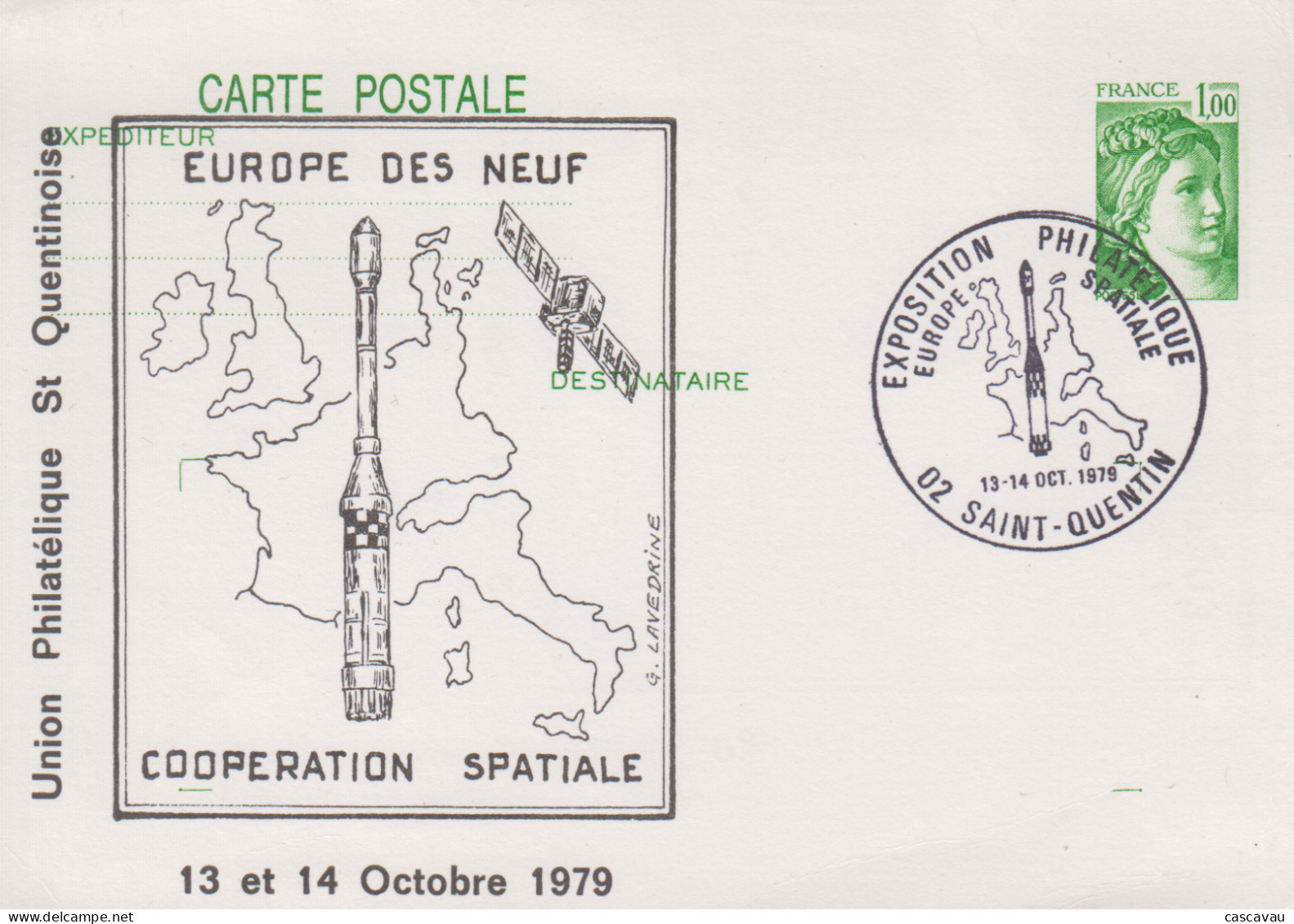 Carte  FRANCE   Entier  Postal  Repiqué   Exposition   Philatélique     EUROPE   SPATIALE      SAINT  QUENTIN    1979 - Cartes Postales Repiquages (avant 1995)