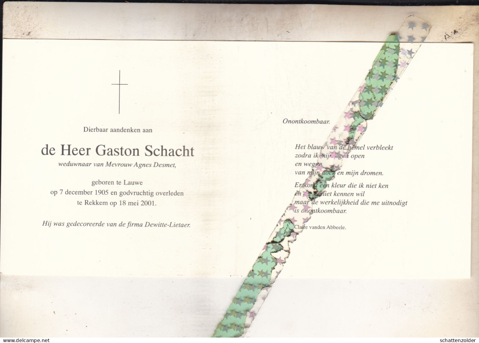 Gaston Schacht-Desmet, Lauwe 1905, Rekkem 2001. Foto Schilderij - Décès