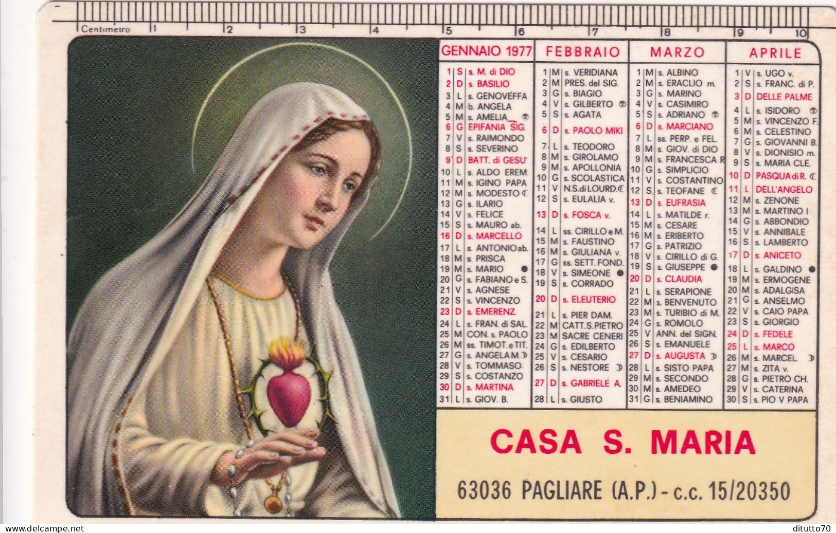 Calendarietto - Casa S.maria - Per Aspiranti Missionari - Pagliare - Ascoli Piceno - Anno 1977 - Kleinformat : 1971-80
