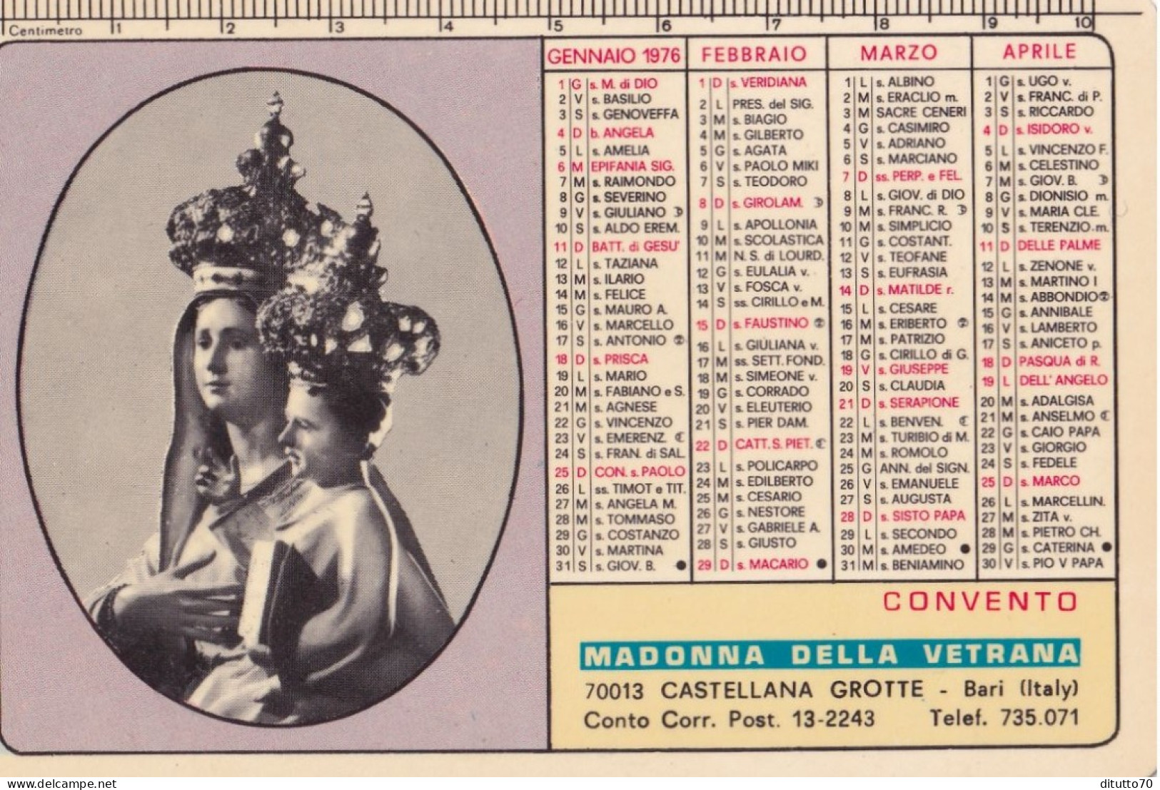 Calendarietto - Convento - Madonna Della Vetrana - Castellana Grotte - Bari - Anno 1976 - Formato Piccolo : 1971-80