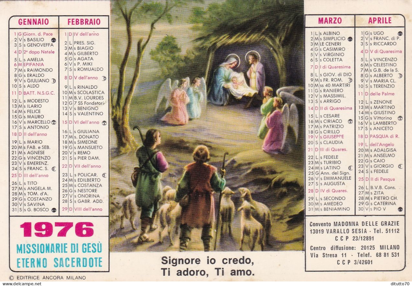 Calendarietto - Convento Madonna Delle Grazie - Varallo Sesia - Anno 1976 - Formato Piccolo : 1971-80