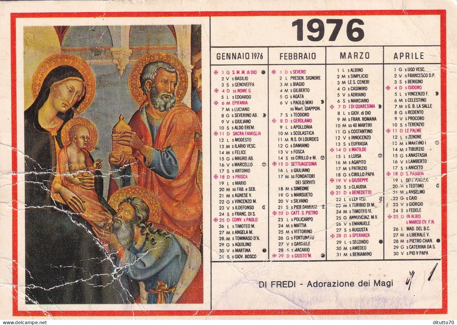 Calendarietto - Di Fredi - Adorazione Dei Magi - Anno 1976 - Petit Format : 1971-80