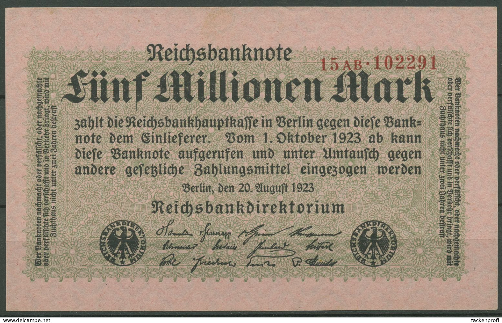 Dt. Reich 5 Millionen Mark 1923, DEU-117b FZ AB, Leicht Gebraucht (K1242) - 5 Miljoen Mark