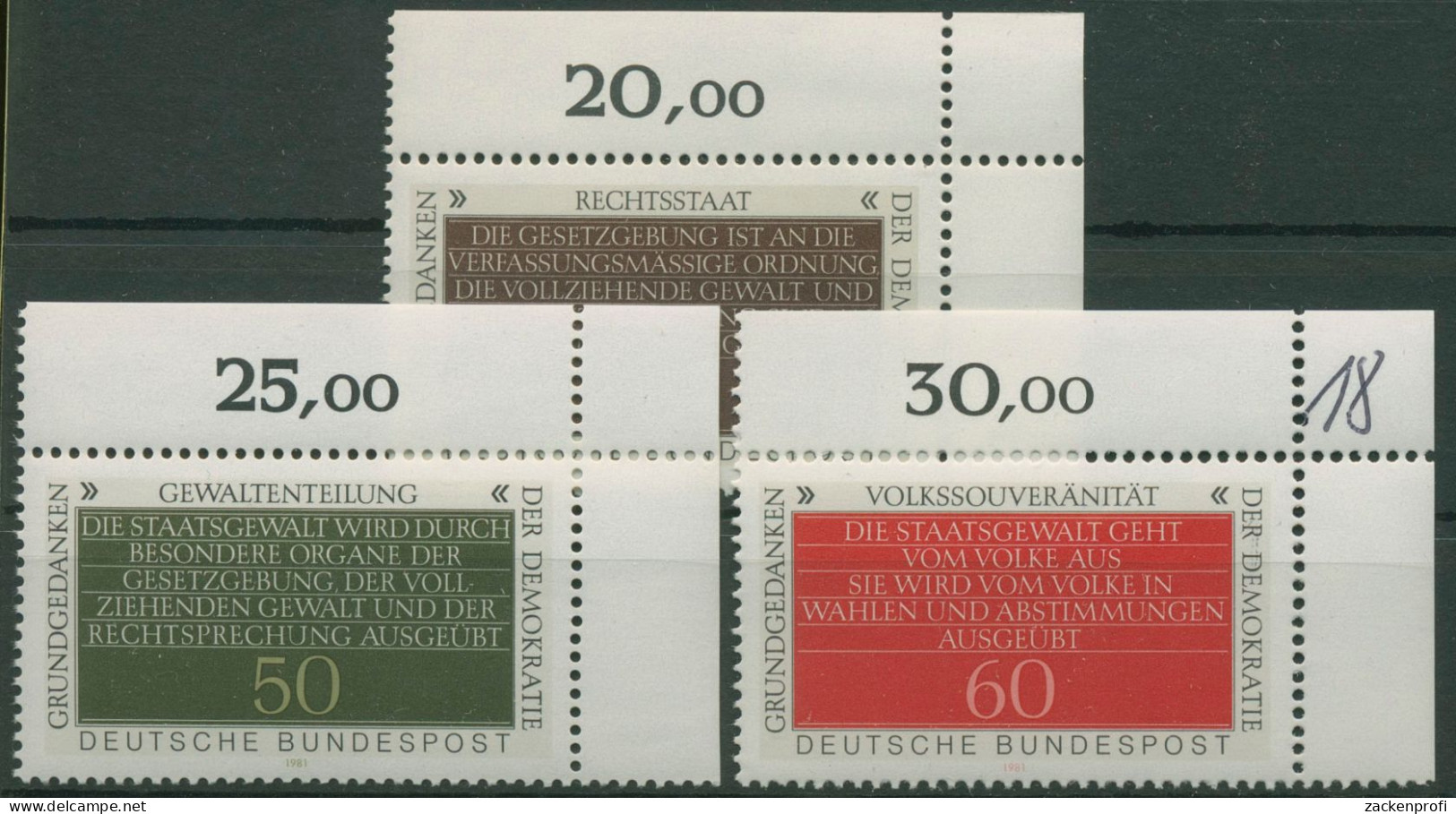 Bund 1981 Grundgedanken Der Demokratie 1105/07 Ecke 2 Postfrisch (E1089) - Neufs