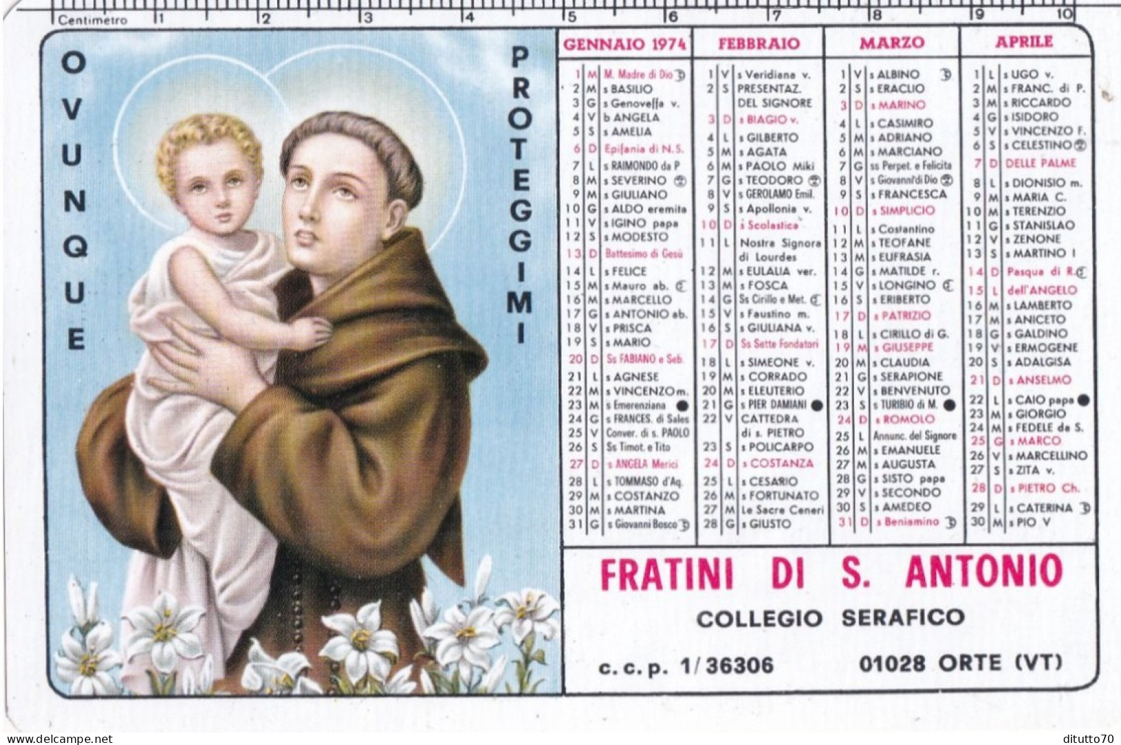 Calendarietto - Fratini Di S.antonio - Collegio Serafico - Orte - Viterbo - Anno 1974 - Tamaño Pequeño : 1971-80