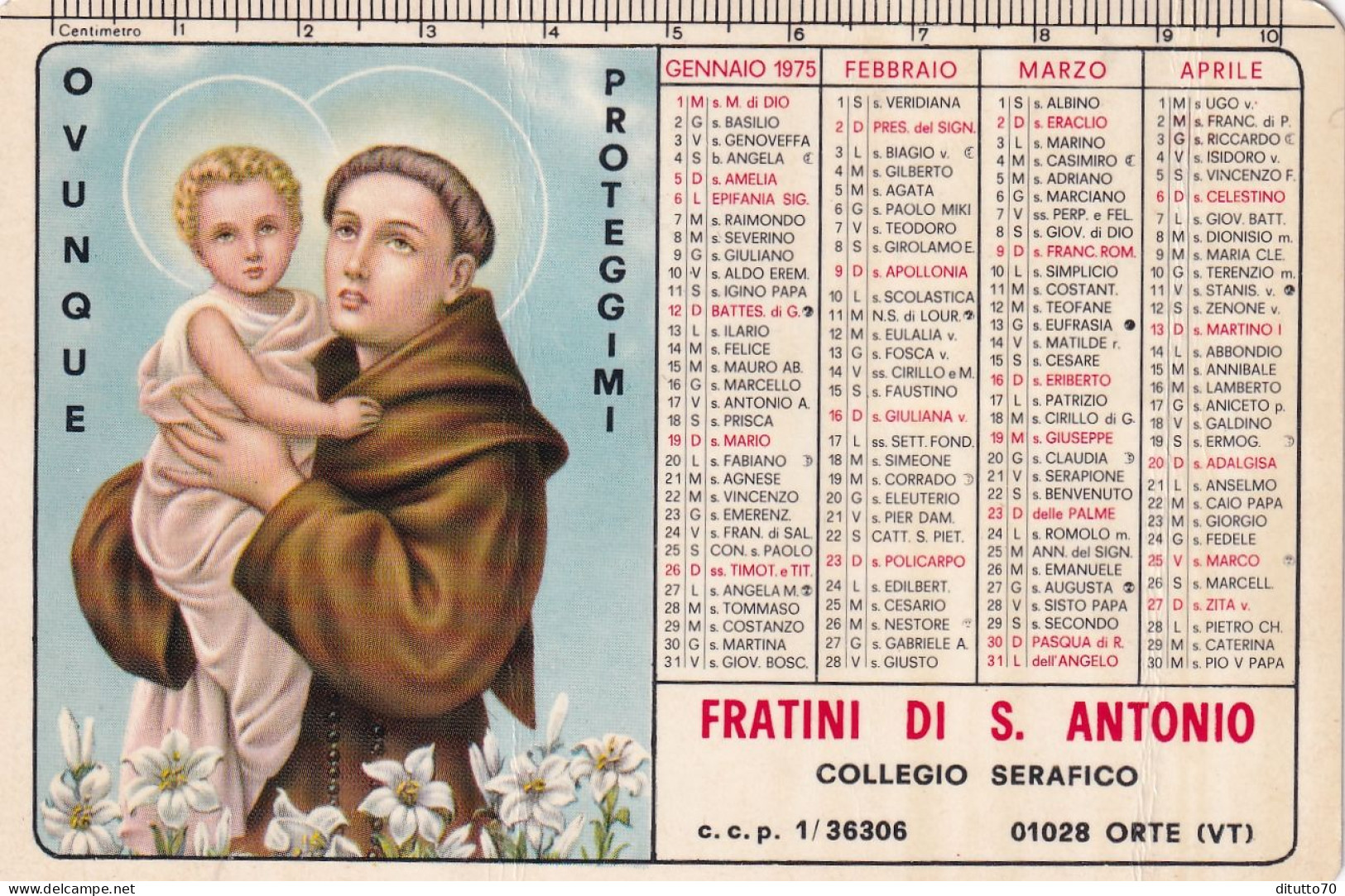 Calendarietto - Fratini Di S.antonio - Collegio Serafico - Orte - Viterbo - Anno 1975 - Formato Piccolo : 1971-80