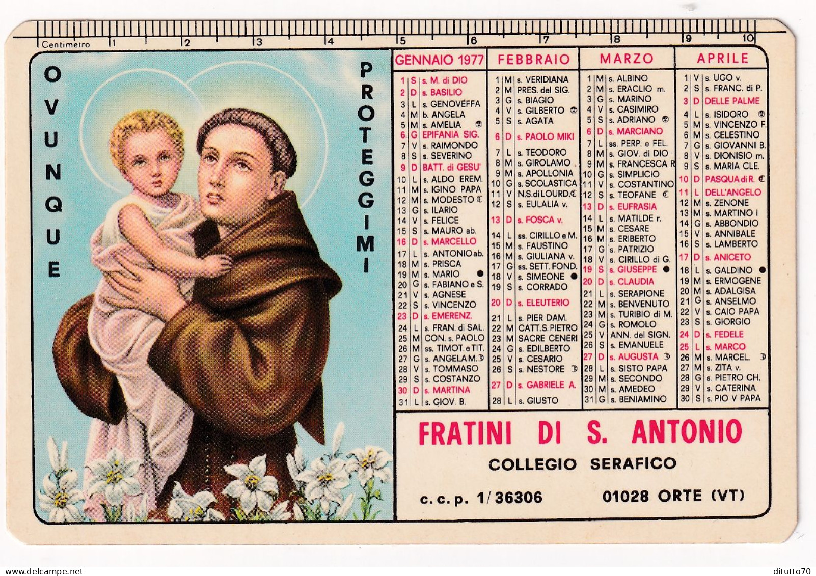 Calendarietto - Fratini Di S.antonio - Collegio Serafico - Orte - Viterbo - Anno 1977 - Tamaño Pequeño : 1971-80