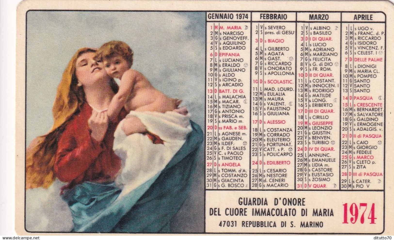 Calendarietto - Guardia D'onore Dl Cuore Immacolato Di Maria - Repubblica S.marino - Anno 1974 - Petit Format : 1971-80