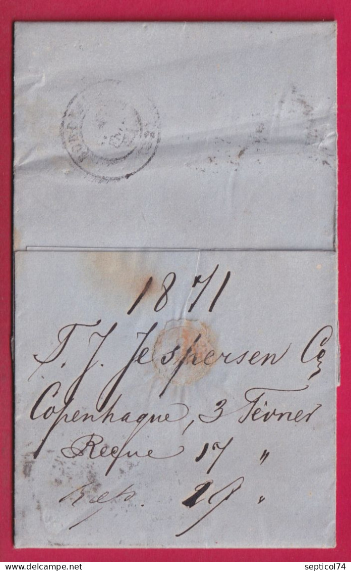 LETTRE DE JOHENHAVN COPENHAGUE DANEMARK 1871 POUR BORDEAUX TAXE TAMPON 6 LETTRE - Storia Postale