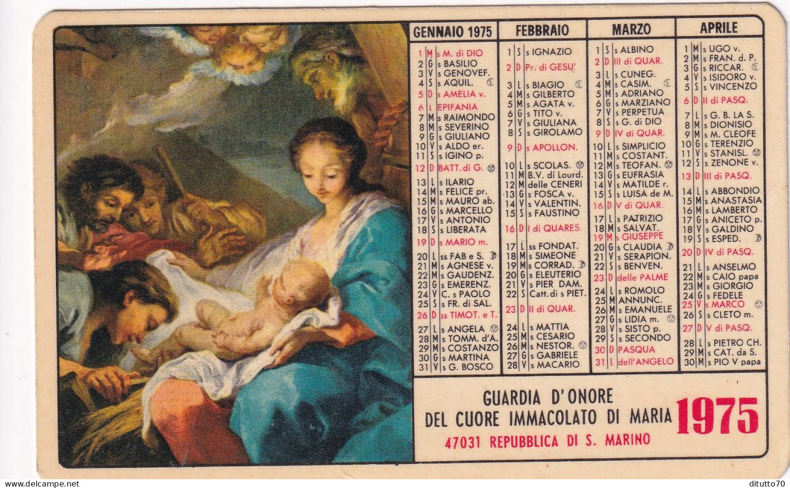 Calendarietto - Guardia D'onore Dl Cuore Immacolato Di Maria - Repubblica S.marino - Anno 1975 - Petit Format : 1971-80