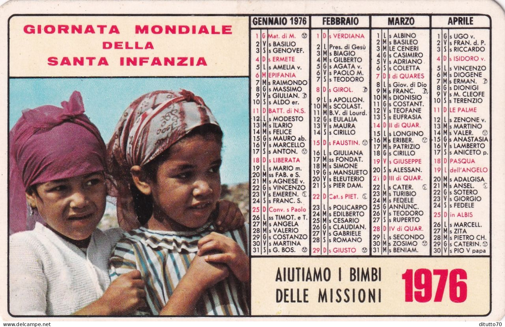 Calendarietto - Il Ponte D'oro - Giornata Mondiale Della Santa Infanzia - Roma - Anno 1976 - Formato Piccolo : 1971-80